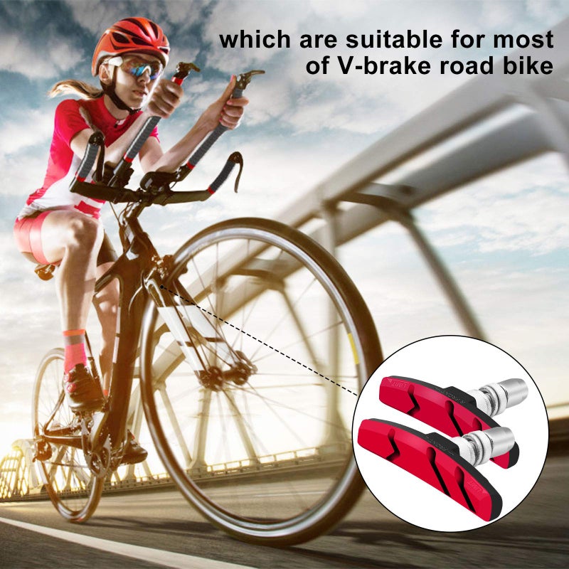 Alritz Bike Brake Pads Set, Alritz 6PCS Road Mountain Bicycle V-Brake Blocks Shoes with Hex Nut and Shims, No Noise No Skid, 70mm, for Front and Back Wheel (Red) - Image 5